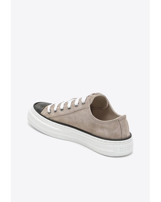 Brunello Cucinelli White Suede Low-Top Sneakers With Monili Toe