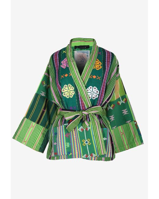 Ambre Babzoe Green Embellished Patterned Kimono Jacket