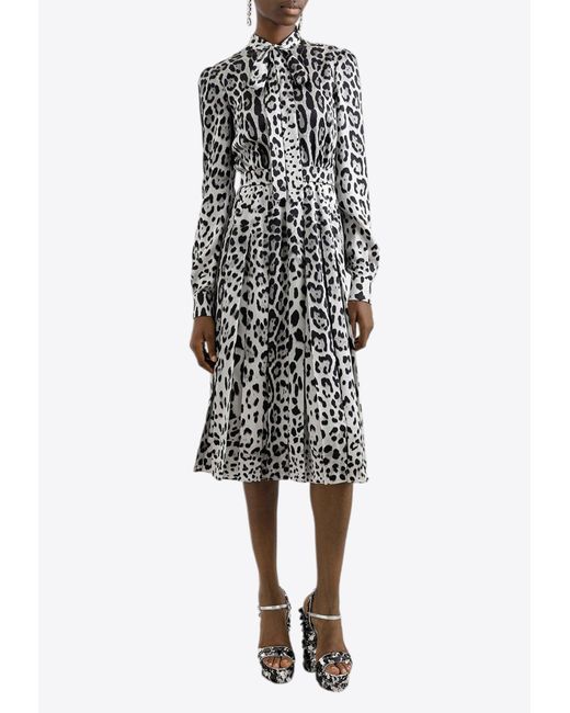 Dolce & Gabbana White Leopard Print Satin Midi Dress