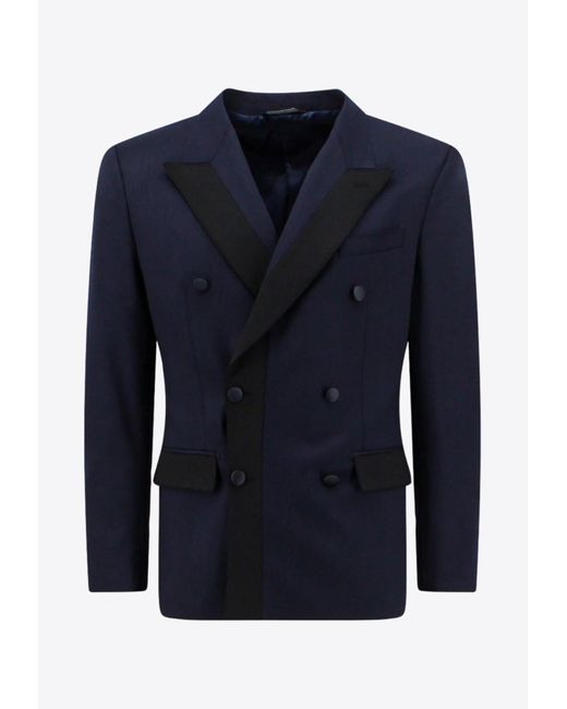 Dolce & Gabbana Blue Double-Breasted Stretch Wool Tuxedo Jacket for men