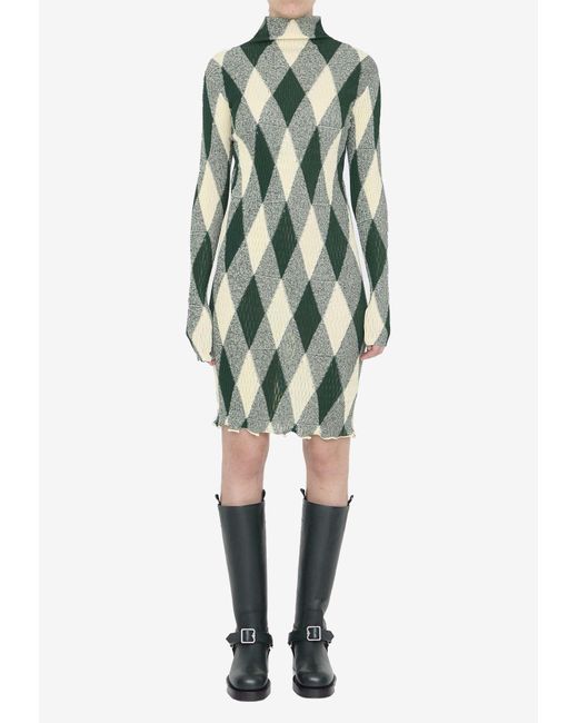 Burberry Green Ribbed Knit Argyle Midi Dress