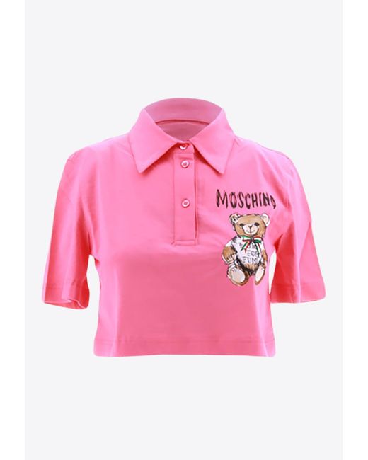 Moschino Pink Teddy Bear Print Cropped Polo T-Shirt
