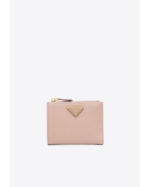 Prada Pink Logo Plaque Grained Leather Wallet