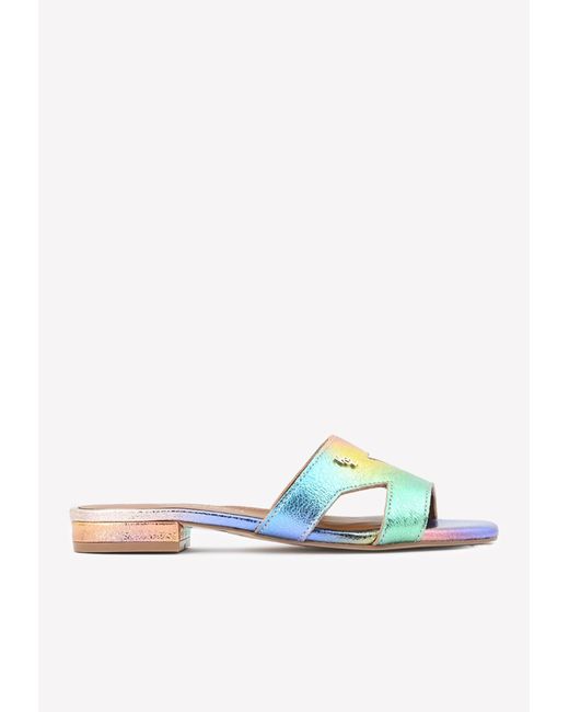 Kurt Geiger Odina Slides In Metallic Leather in Blue | Lyst