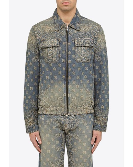 Amiri Gray Bandana-Embroidered Zip-Up Denim Jacket for men