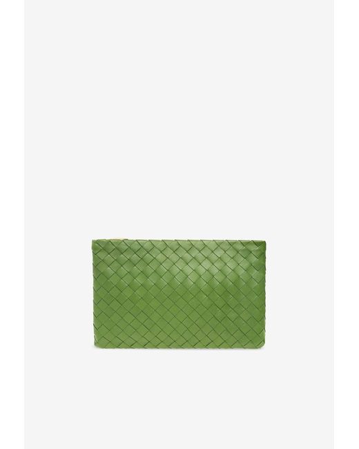 Bottega Veneta Green Medium Pouch Bag In Intrecciato Leather