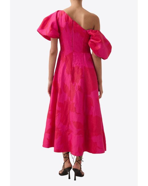 Aje. Pink Arista One-Shoulder Printed Midi Dress