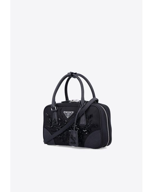 Prada Blue Triangle Logo-Embroidered Top Handle Bag