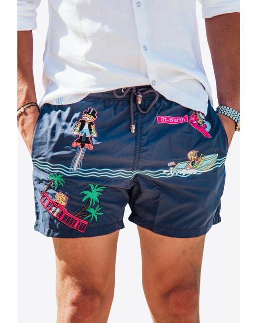Les Canebiers Blue All-Over Saint-Barth Embroidered Swim Shorts for men