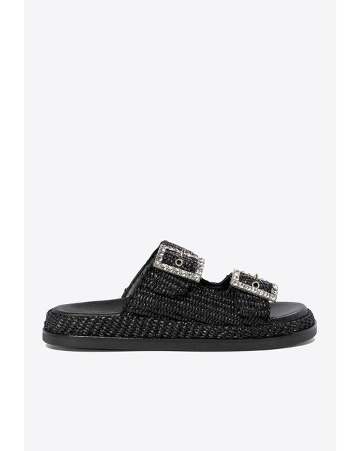 Alibi Black Greta Crystal Buckle Raffia Sandals