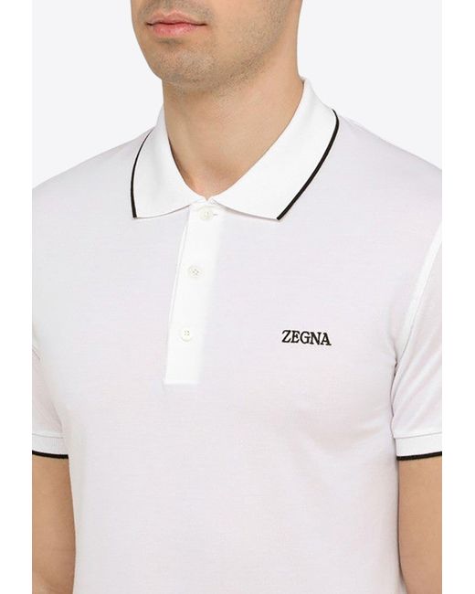 Zegna White Logo Embroidered Polo T-Shirt for men