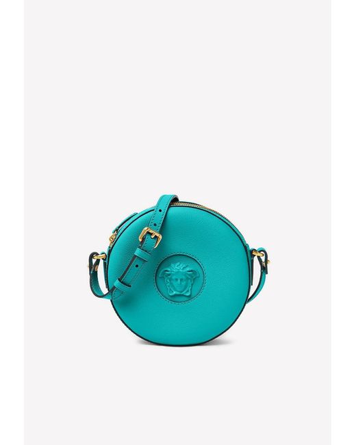 Versace Blue Medusa Round Crossbody Bag In Grained Leather