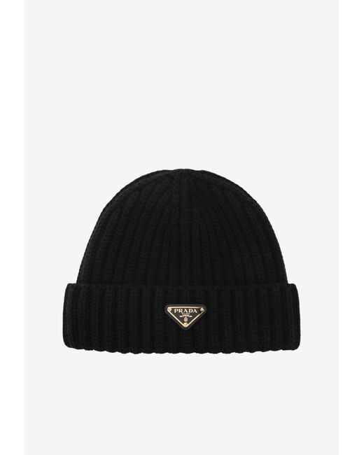 Prada Black Triangle Logo Wool Beanie