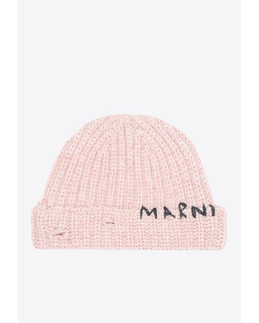 Marni Pink Logo Wool-knit Beanie for men