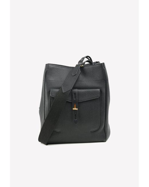 Tom Ford Black T-twist Hobo Bag In Hollywood Grained Leather
