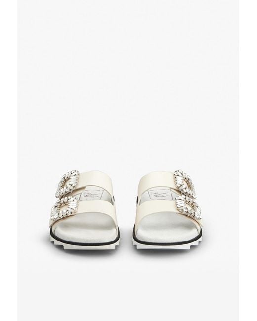 Roger Vivier White Slidy Viv' Crystal Buckle Leather Mules