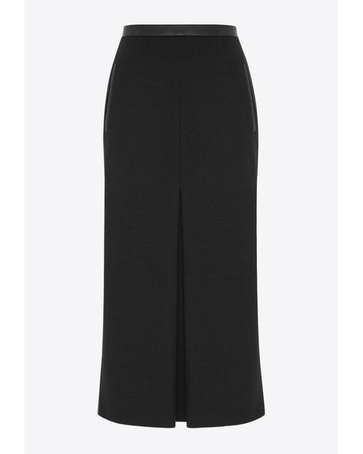 Saint Laurent Black Leather-Waist Midi Wool Skirt