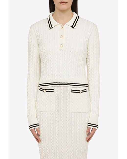 Alessandra Rich White Cable-Knit Polo T-Shirt