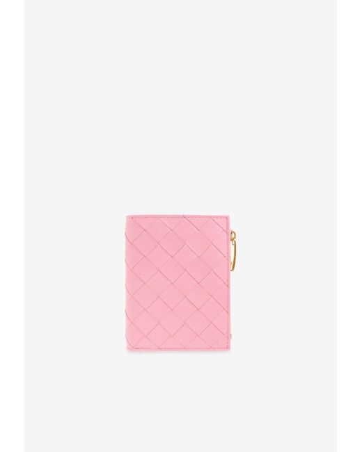 Bottega Veneta Pink Small Intrecciato Bi-Fold Zip Wallet