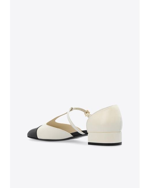 Ferragamo White Two-Tone T-Strap Ballet Flats