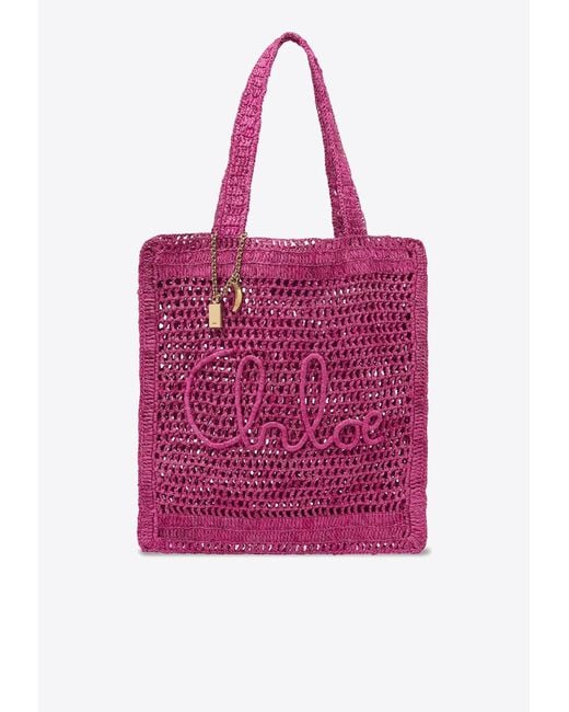 Chloé Pink Summer Banana Crochet Raffia Tote Bag