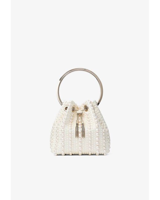 Jimmy Choo White Bon Bon Pearl-Embellished Top Handle Bag
