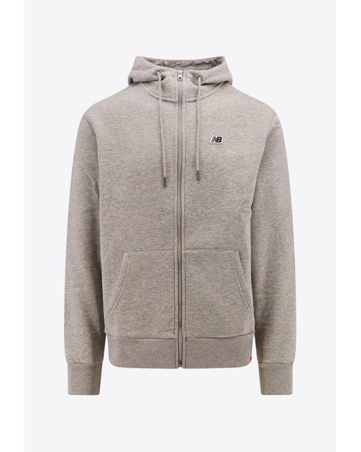 New Balance Gray Logo Embroidered Zip-Up Hoodie for men