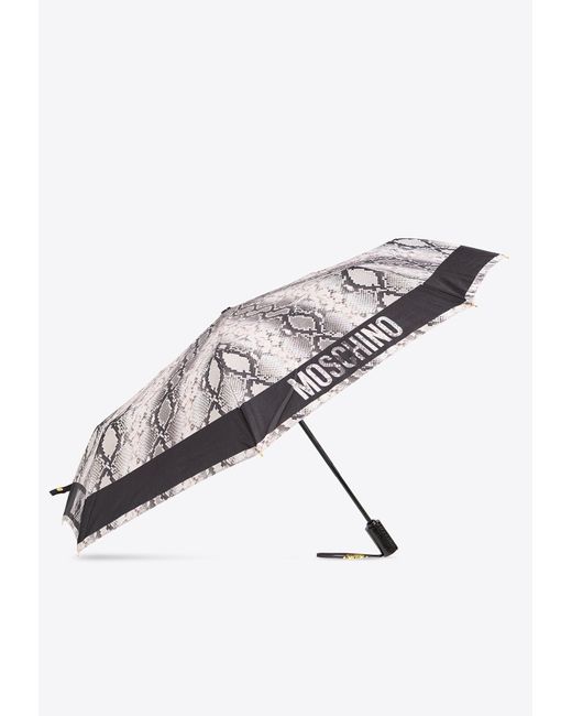 Moschino Gray Logo Trim Snakeskin Print Umbrella