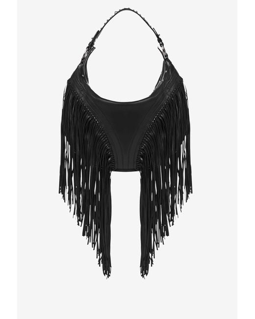 Versace Black Repeat Fringed Hobo Shoulder Bag