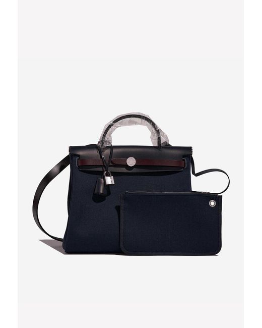 Hermès Herbag 31 In Blue Indigo Toile And Black / Rouge Sellier Vache Hunter Leather