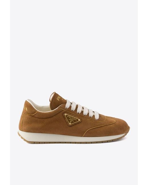 Prada Brown Triangle Logo Suede Sneakers