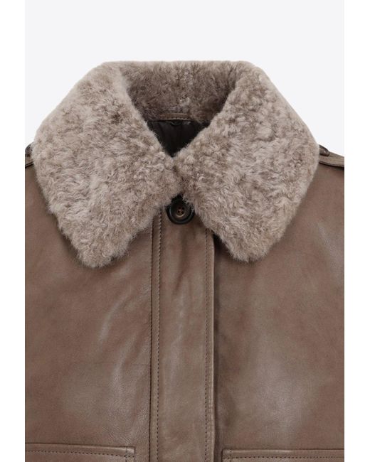Brunello Cucinelli Brown Fur Collar Leather Jacket