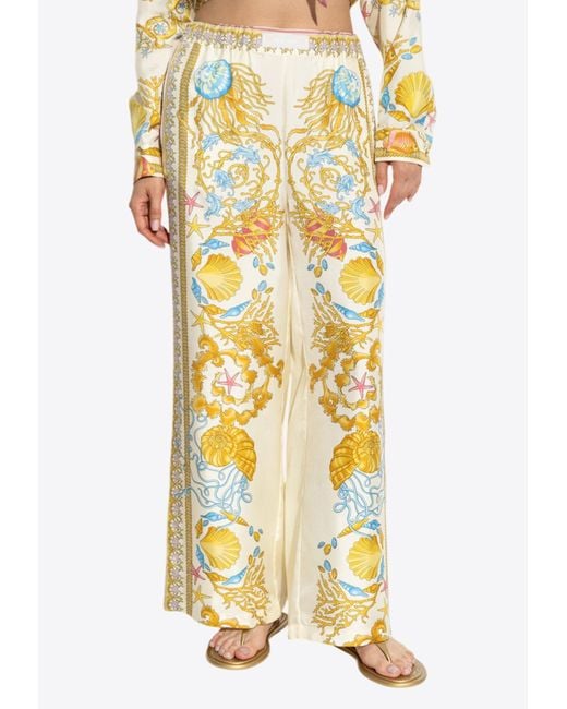 Versace Metallic Underwater Barocco Wide-Leg Silk Pants