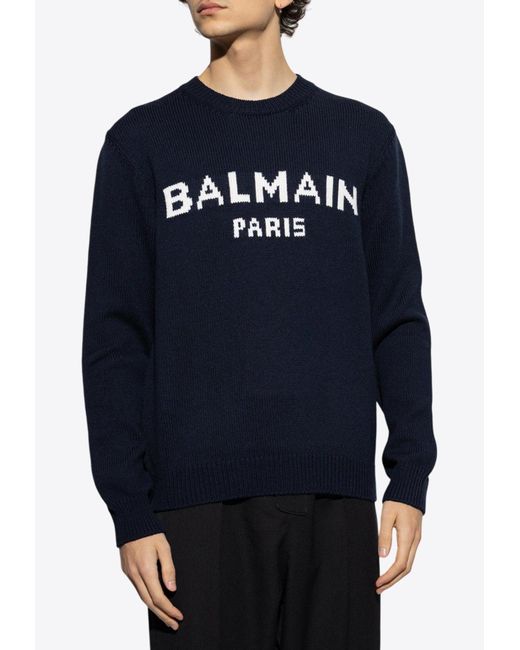 Balmain Blue Logo Intarsia Crewneck Sweater for men