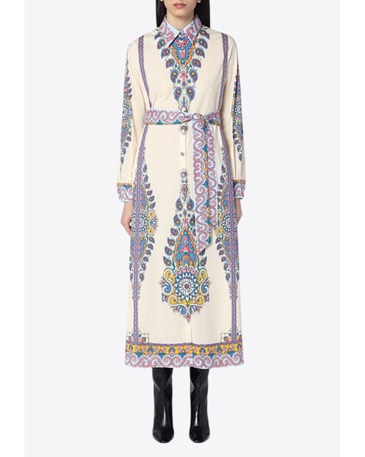 Etro White Paisley Print Midi Shirt Dress