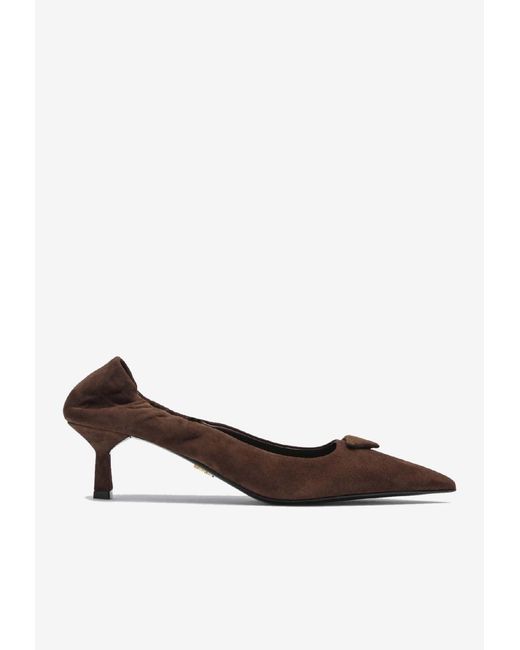 Prada Brown 55 Logo-Engraved Suede Pumps