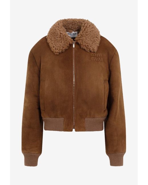 Miu Miu Brown Logo Suede Zip-Up Jacket