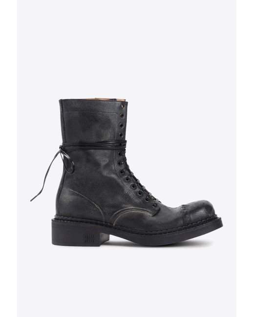 Miu Miu Black Lace-Up Vintage Calf Leather Ankle Boots