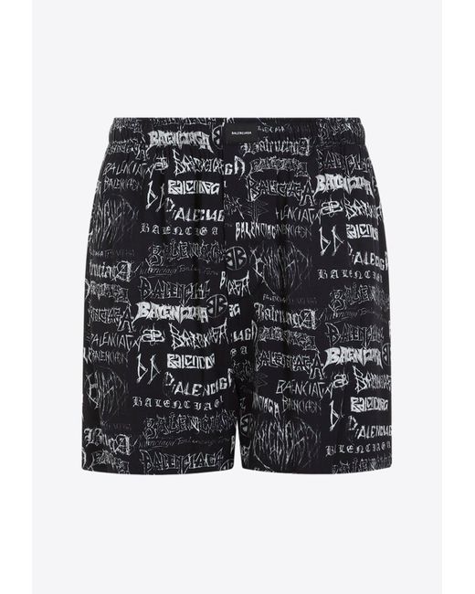 Balenciaga Black All-Over Graffiti Logo Pajama Shorts for men