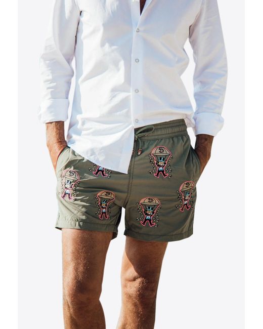 Les Canebiers White All-Over Golden Embroidered Swim Shorts for men