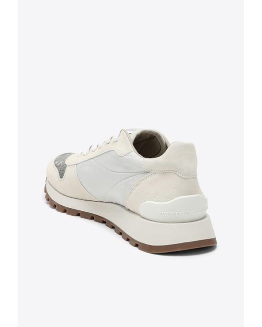 Brunello Cucinelli White Suede Low-Top Sneakers With Monili Toe