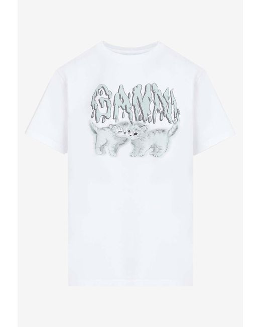 Ganni White Love Cats Crewneck T-Shirt