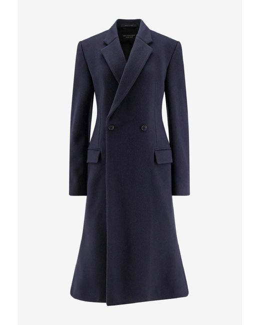 Balenciaga Blue Godet Double-Breasted Wool Coat