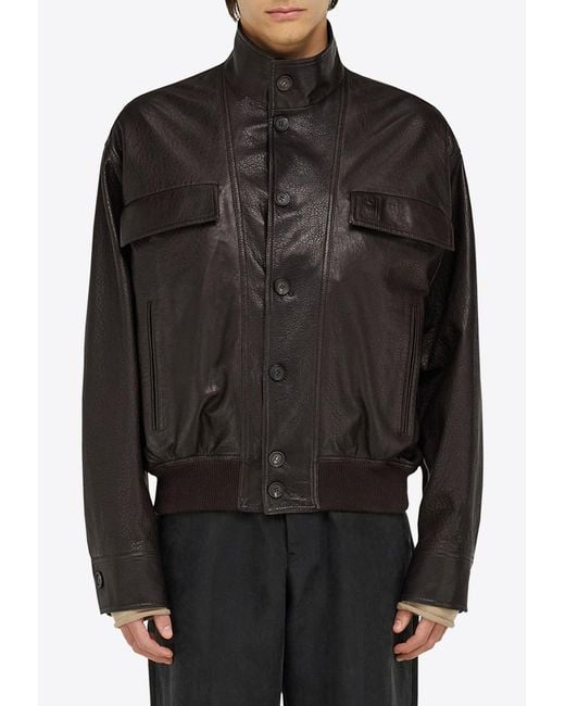 Ferragamo Black High-Neck Grained Leather Jacket for men