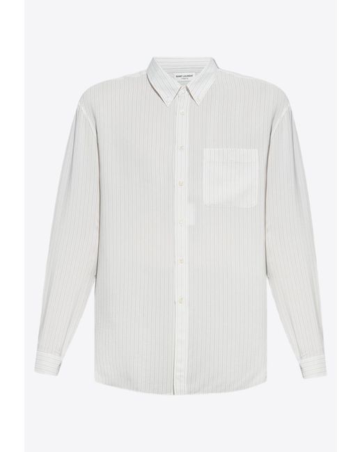 Saint Laurent White Cassandre Pinstripe Silk Shirt for men