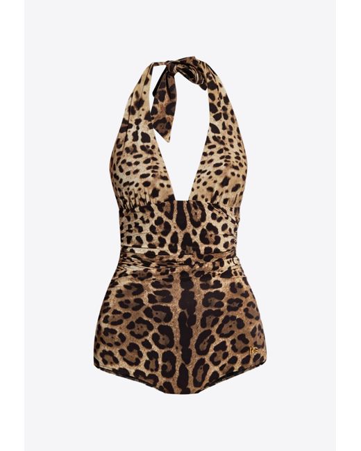 Dolce & Gabbana White Leopard Print Halterneck One-Piece Swimsuit