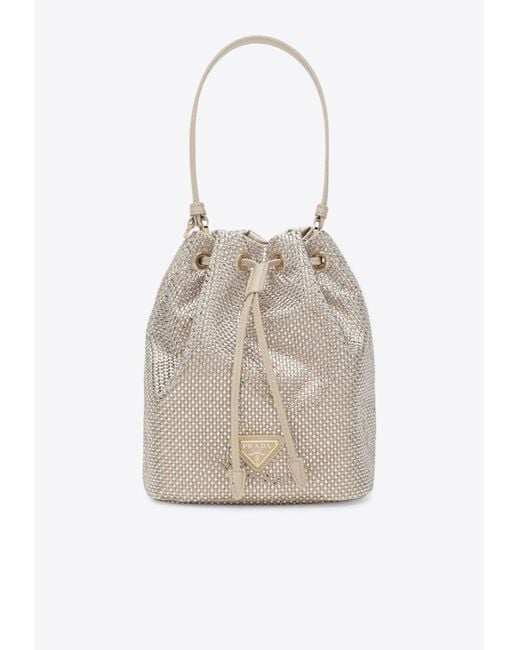 Prada Natural Crystal Embellished Logo Bucket Bag