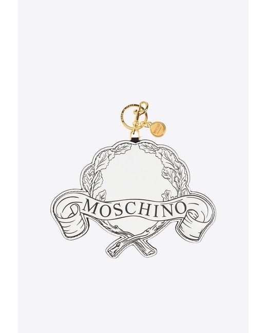 Moschino White Graphic Scroll And Leaf Pattern Leather Keychain for men