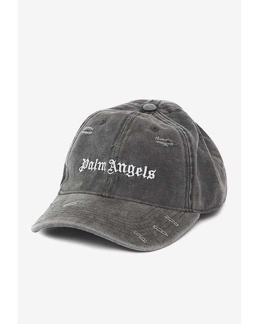 Palm Angels Gray Logo Embroidered Distressed Cap for men