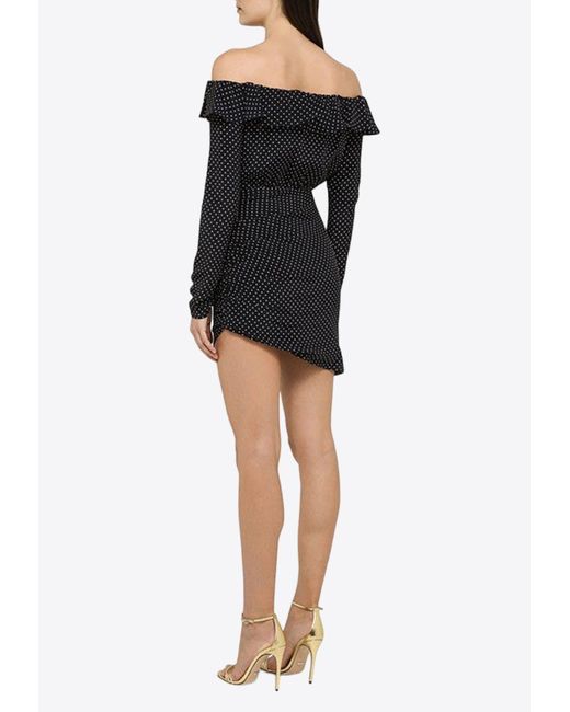 Alessandra Rich Black Off-Shoulder Polka Dots Silk Mini Dress